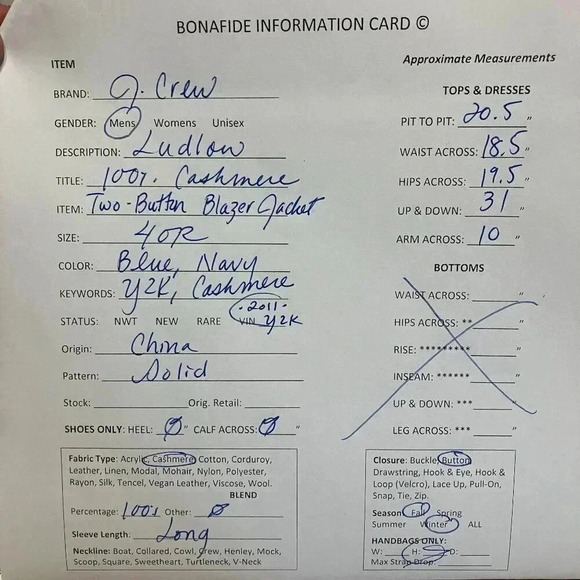 J.Crew Men Y2K Vintage Ludlow 100% Cashmere 2 Button Jacket Size 40R Blue FA EXC - Picture 12 of 12